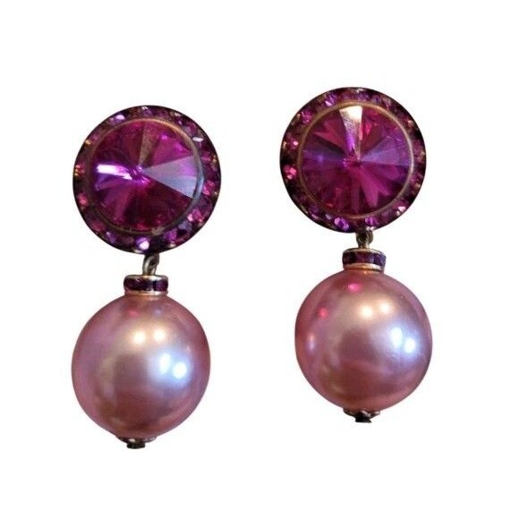 Huge Pink Rhinestone Bobble Faux Pearl Statement HOT PINK Pierced Earrings - Picture 2 of 9